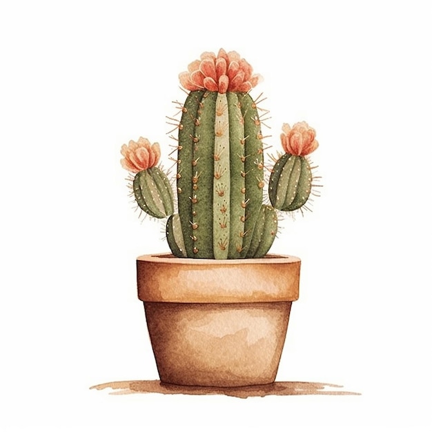 Un dipinto ad acquerello di un cactus con fiori rosa.