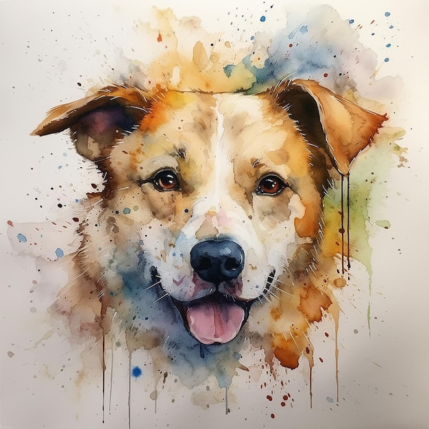Un dipinto ad acquerello di un cane con una faccia marrone e una faccia bianca con un naso nero