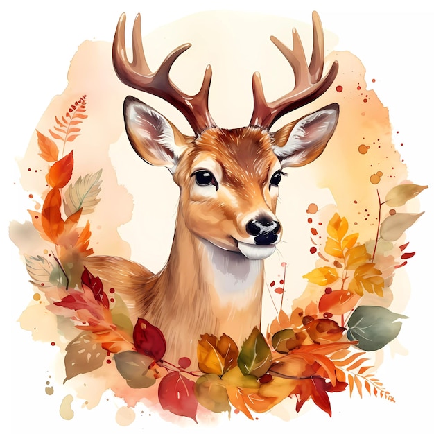 Un dipinto ad acquerello di un cervo circondato da foglie