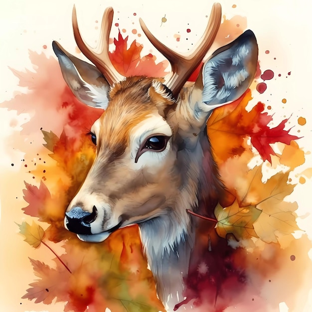 Un dipinto ad acquerello di un cervo circondato da foglie