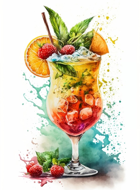 Un dipinto ad acquerello di un cocktail con uno sfondo colorato.