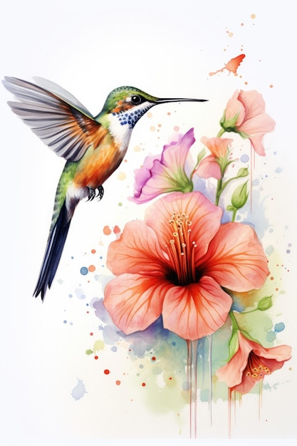 un dipinto ad acquerello di un colibrì e dei fiori