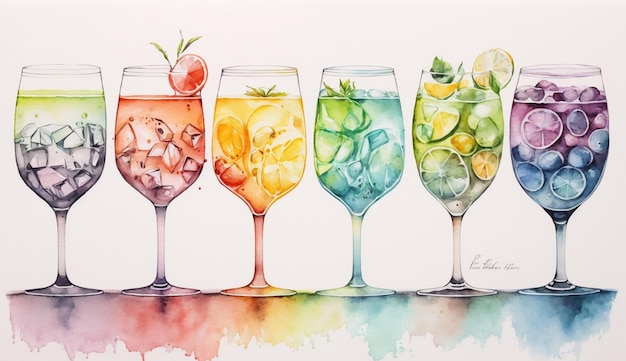 Un dipinto ad acquerello di un colorato bicchiere da cocktail con limoni e altre bevande.