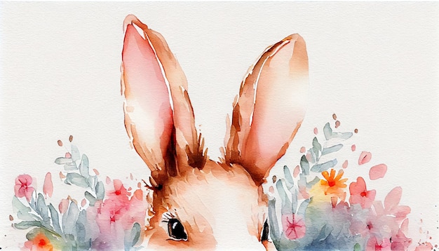 Un dipinto ad acquerello di un coniglio con fiori sullo sfondo.