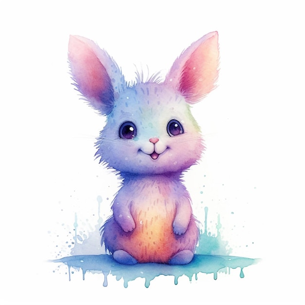 Un dipinto ad acquerello di un coniglio con gli occhi azzurri.