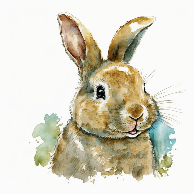 Un dipinto ad acquerello di un coniglio con un nastro blu.