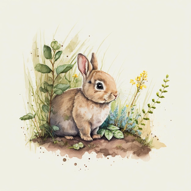 Un dipinto ad acquerello di un coniglio nell'erba.