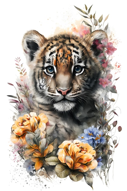 Un dipinto ad acquerello di un cucciolo di tigre con fiori.