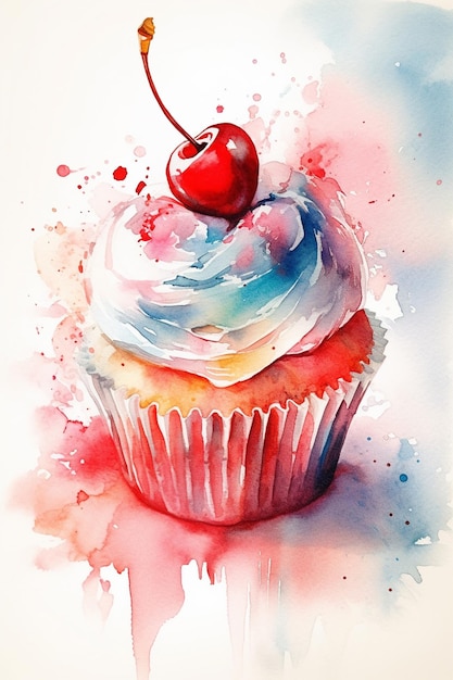 Un dipinto ad acquerello di un cupcake con una ciliegina sulla torta.