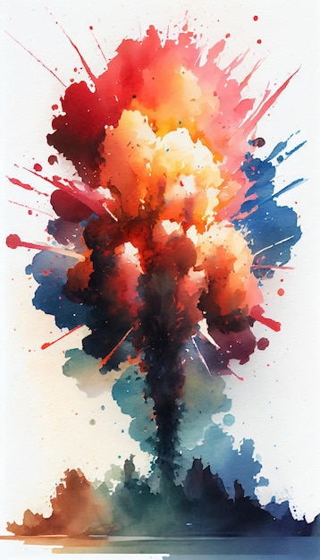 Un dipinto ad acquerello di un'esplosione con uno sfondo rosso e blu e la parola fuoco su di esso.