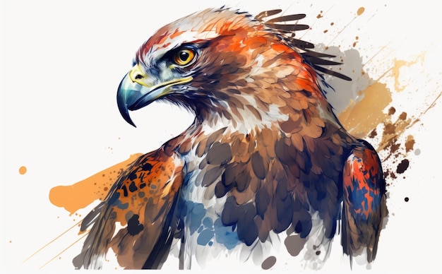Un dipinto ad acquerello di un falco con una piuma marrone e gialla. stile cartone animato ai generato