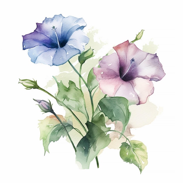 Un dipinto ad acquerello di un fiore blu e viola