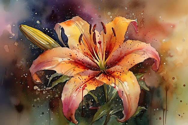 Un dipinto ad acquerello di un fiore con sopra la parola giglio.