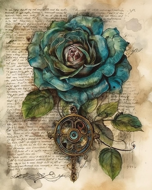 Un dipinto ad acquerello di un fiore con sopra una bussola.