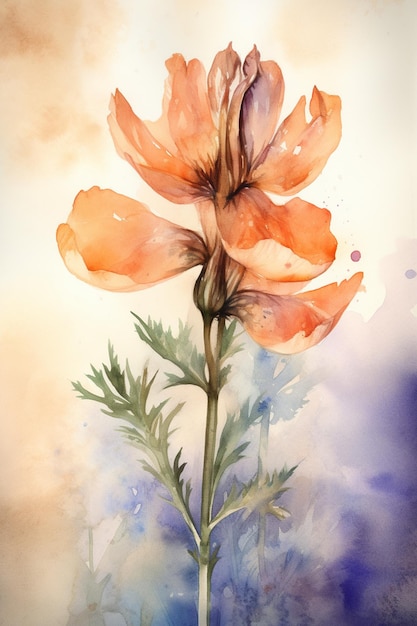 Un dipinto ad acquerello di un fiore con uno sfondo viola.