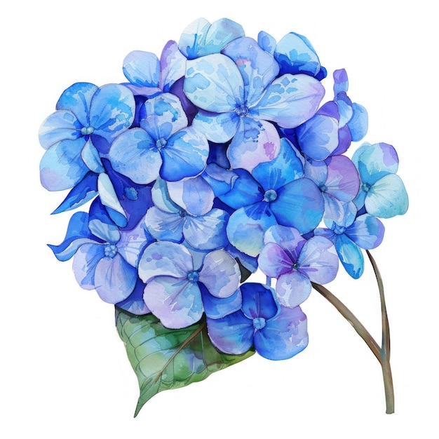 Un dipinto ad acquerello di un fiore di ortensia blu