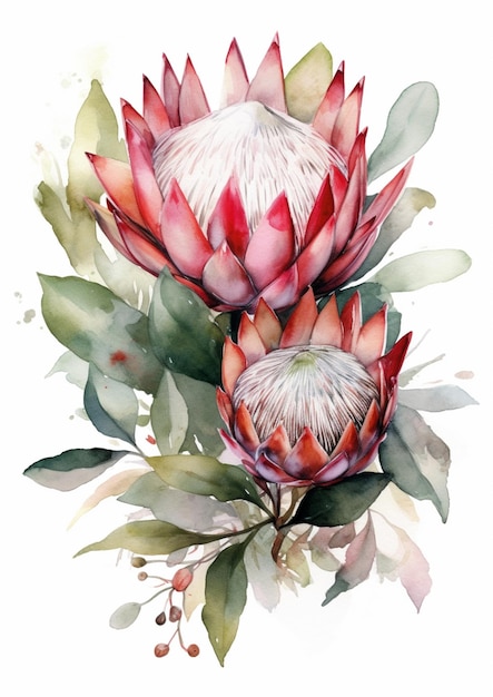 Un dipinto ad acquerello di un fiore protea rosso con foglie e fiori.