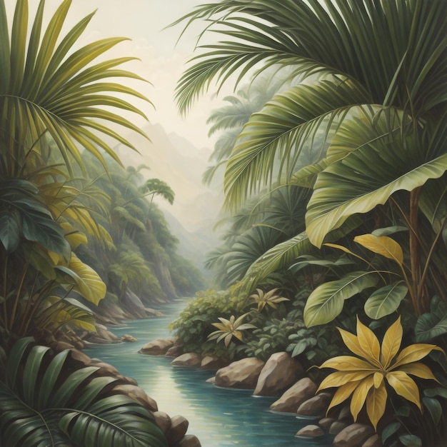 Un dipinto ad acquerello di un fiume con palme e piante.