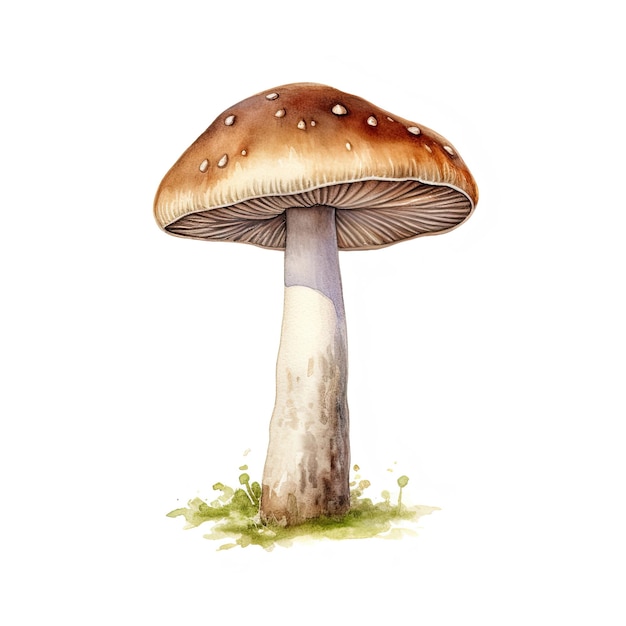 Un dipinto ad acquerello di un fungo con un berretto bianco e un berretto bianco.