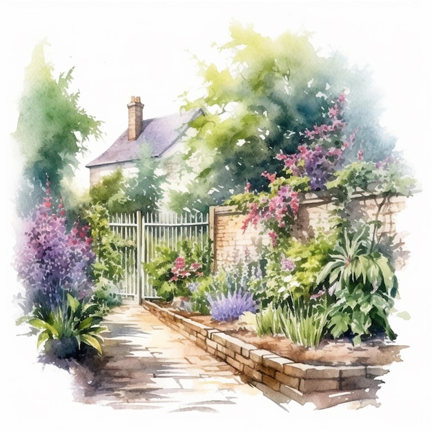 Un dipinto ad acquerello di un giardino con un sentiero e una recinzione sullo sfondo.