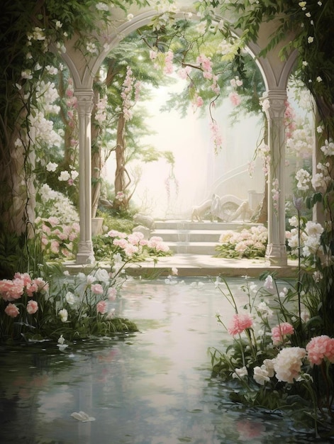 un dipinto ad acquerello di un giardino con una fontana e dei fiori.