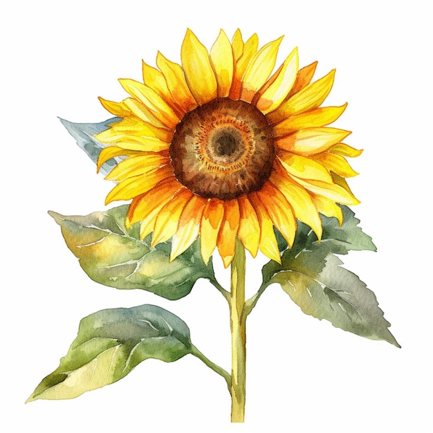 Un dipinto ad acquerello di un girasole con foglie verdi.