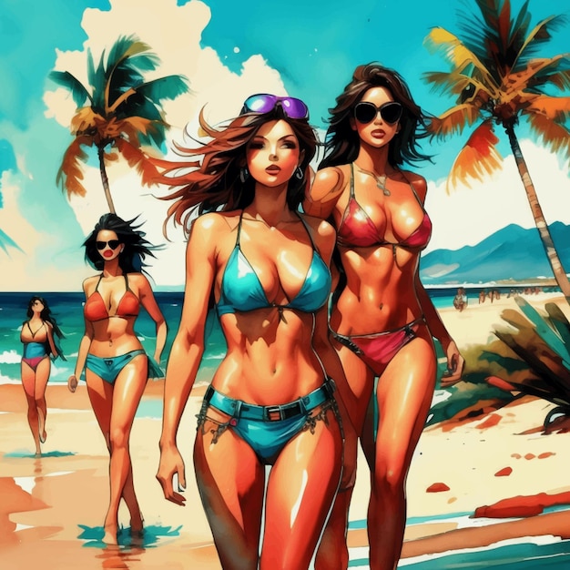 un dipinto ad acquerello di un gruppo di donne in bikini che camminano su una spiaggia con palme sullo sfondo