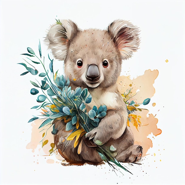 Un dipinto ad acquerello di un koala che tiene un mazzo di fiori.