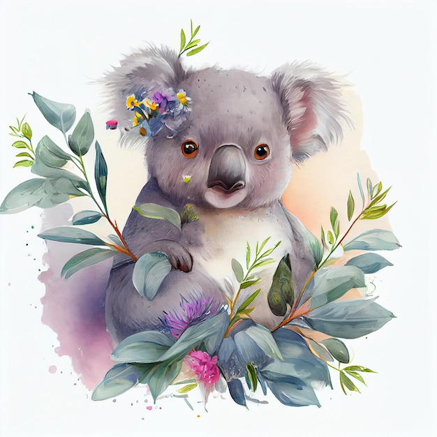 Un dipinto ad acquerello di un koala con sopra un fiore.