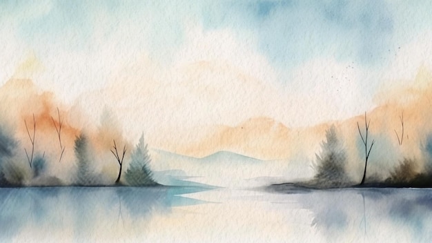 Un dipinto ad acquerello di un lago con alberi e montagne sullo sfondo.