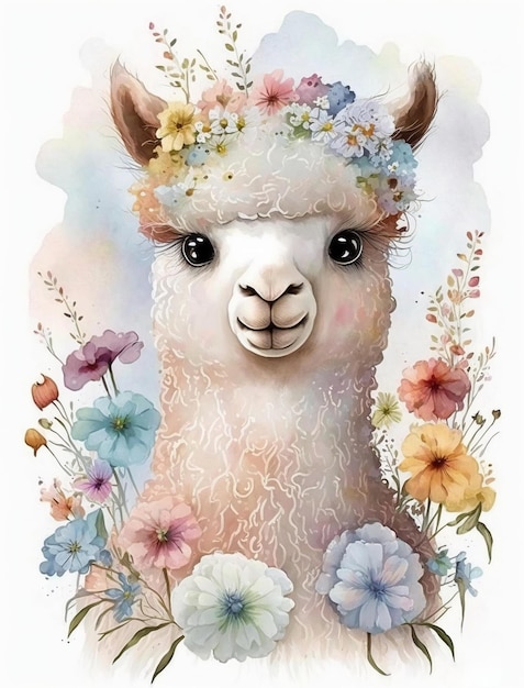 Un dipinto ad acquerello di un lama con fiori e foglie.