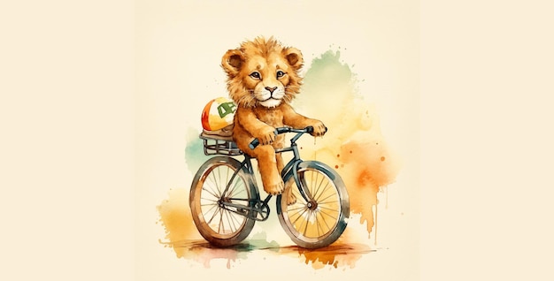 Un dipinto ad acquerello di un leone su una bicicletta