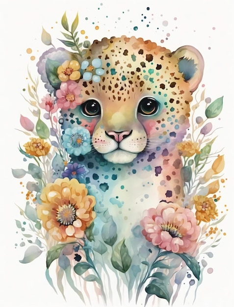 Un dipinto ad acquerello di un leopardo con fiori.