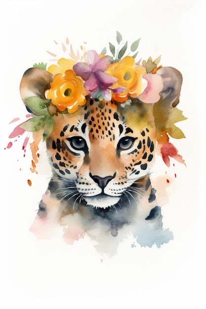 Un dipinto ad acquerello di un leopardo con una corona di fiori.