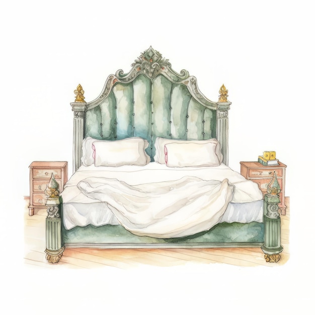 Un dipinto ad acquerello di un letto con una testiera verde e un cuscino bianco.