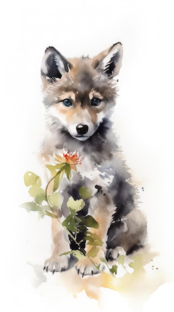 Un dipinto ad acquerello di un lupo con un fiore in mano.