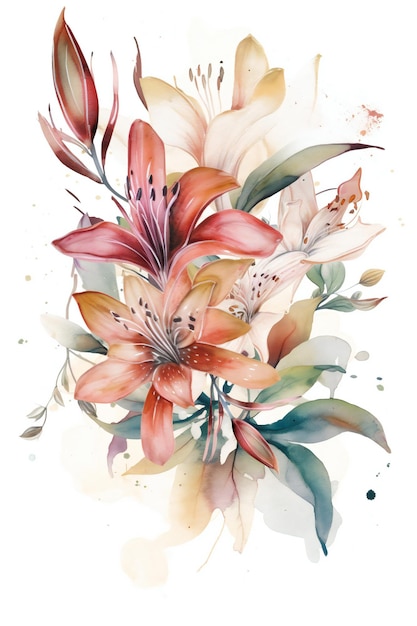 Un dipinto ad acquerello di un mazzo di fiori con sopra la parola gigli.