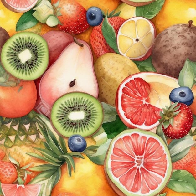 Un dipinto ad acquerello di un mucchio di frutta con le parole "frutta" su di esso.