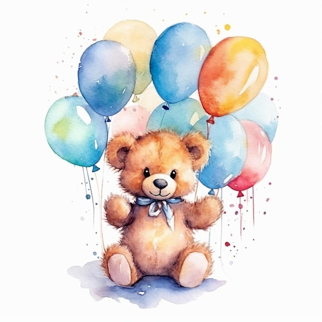 Un dipinto ad acquerello di un orsacchiotto che tiene dei palloncini.