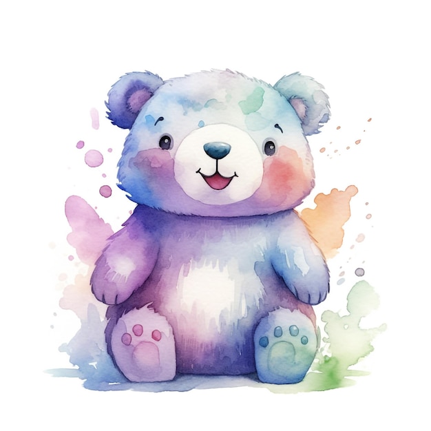Un dipinto ad acquerello di un orsacchiotto con i colori dell'arcobaleno.