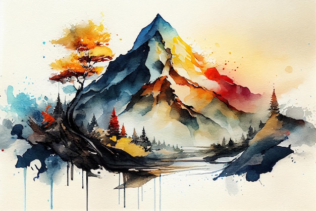 Un dipinto ad acquerello di un paesaggio montano con una montagna sullo sfondo.