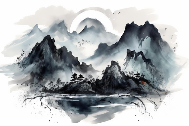Un dipinto ad acquerello di un paesaggio montano con una montagna sullo sfondo.