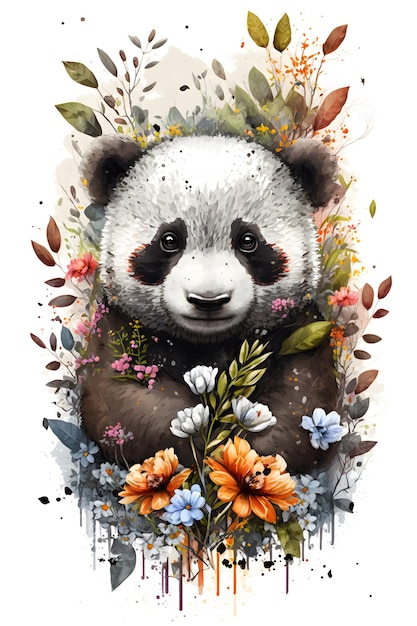 Un dipinto ad acquerello di un panda con fiori