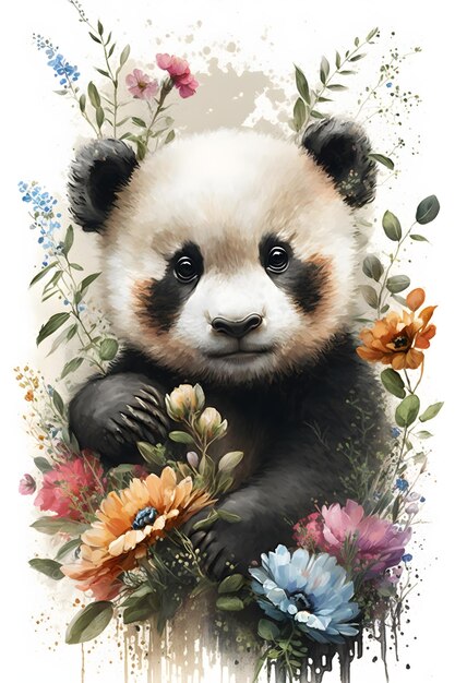 Un dipinto ad acquerello di un panda con fiori