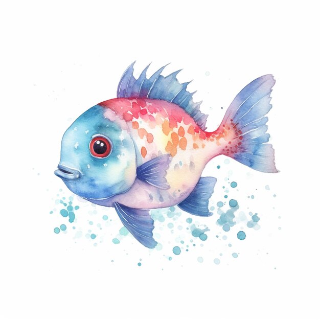 Un dipinto ad acquerello di un pesce con un corpo blu e rosa e la parola piranha sul fondo.