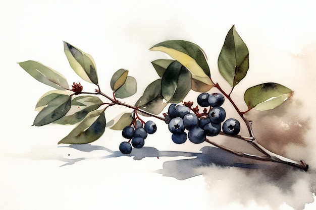 Un dipinto ad acquerello di un ramo con bacche blu.