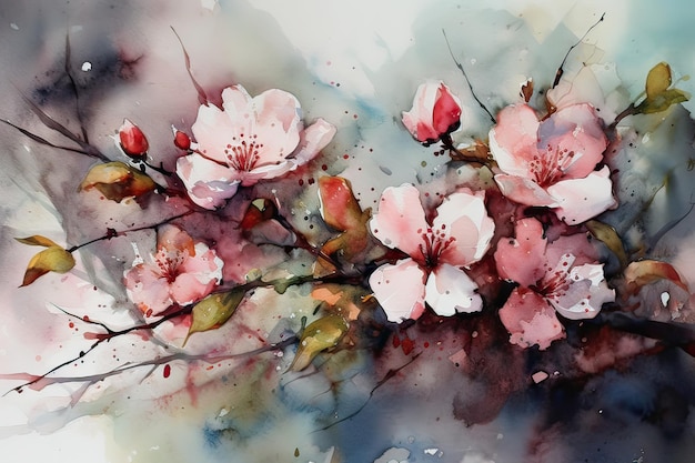 Un dipinto ad acquerello di un ramo di fiori di ciliegio.