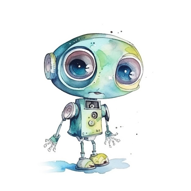 Un dipinto ad acquerello di un robot con grandi occhi.