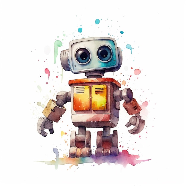 Un dipinto ad acquerello di un robot con sopra la parola robot.