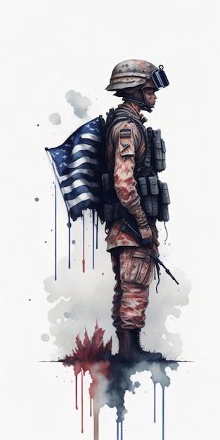 Un dipinto ad acquerello di un soldato con la bandiera sulla schiena
